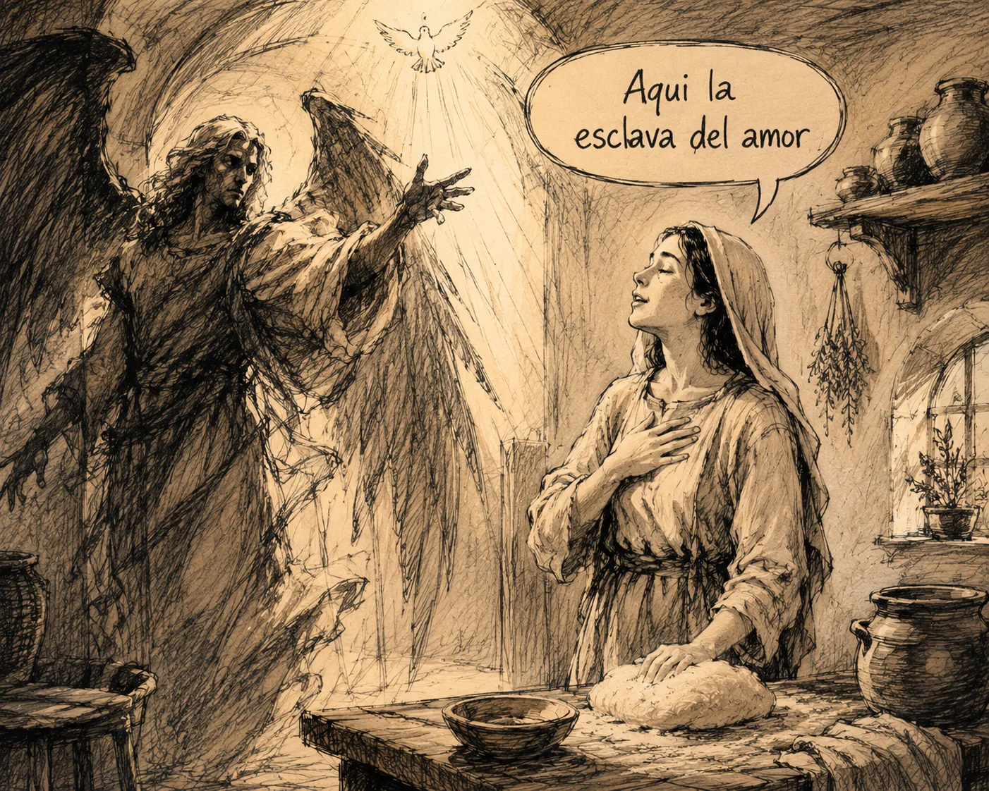 La Anunciación. María responde «Aquí la esclava del amor» sin soltar la masa que está amasando.