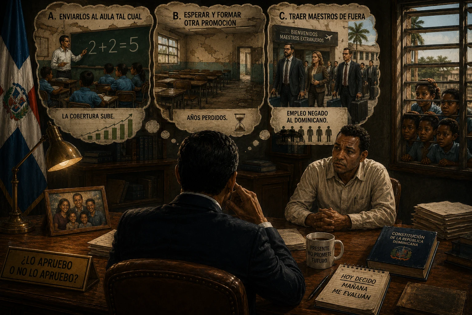 El político, en su silla, ante el maestro — y sobre el escritorio, las tres puertas: A, enviarlos al aula tal cual (la cobertura sube); B, esperar y formar otra promoción (años perdidos); C, traer maestros de fuera (empleo negado al dominicano). Hoy decido; mañana me evalúan.