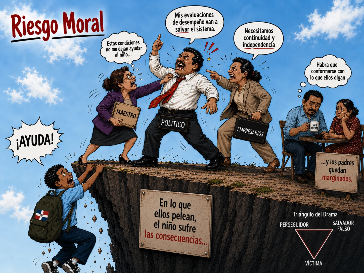 El riesgo moral, dibujado: mientras el maestro, el político y los empresarios pelean, el niño sufre las consecuencias — y los padres quedan marginados, mirando el triángulo del drama desde afuera.